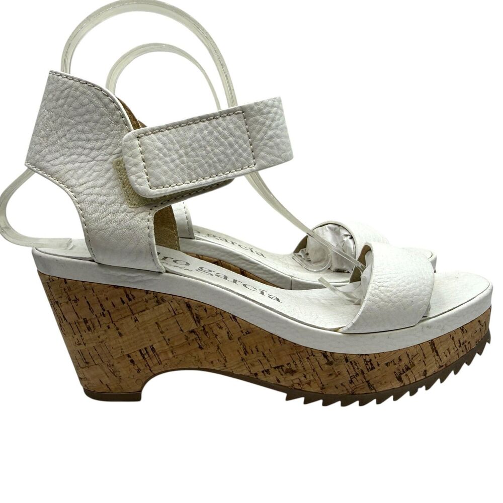 Pedro Garcia Women's White Pebbled Leather Cork Wedge Sandals EU 36.5 Made Spain